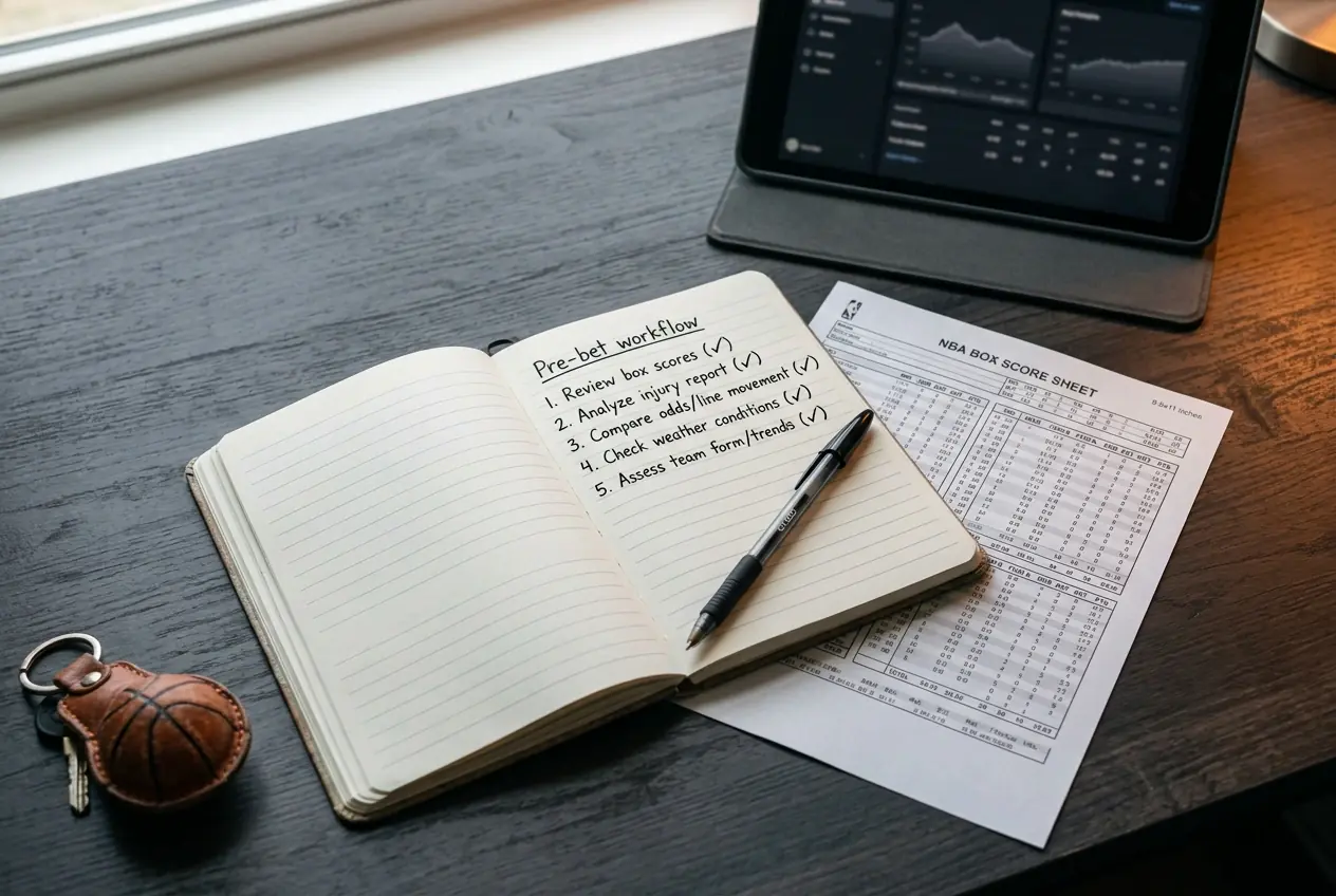 Hand writing a player prop checklist in a notebook beside an open box-score sheet on a desk