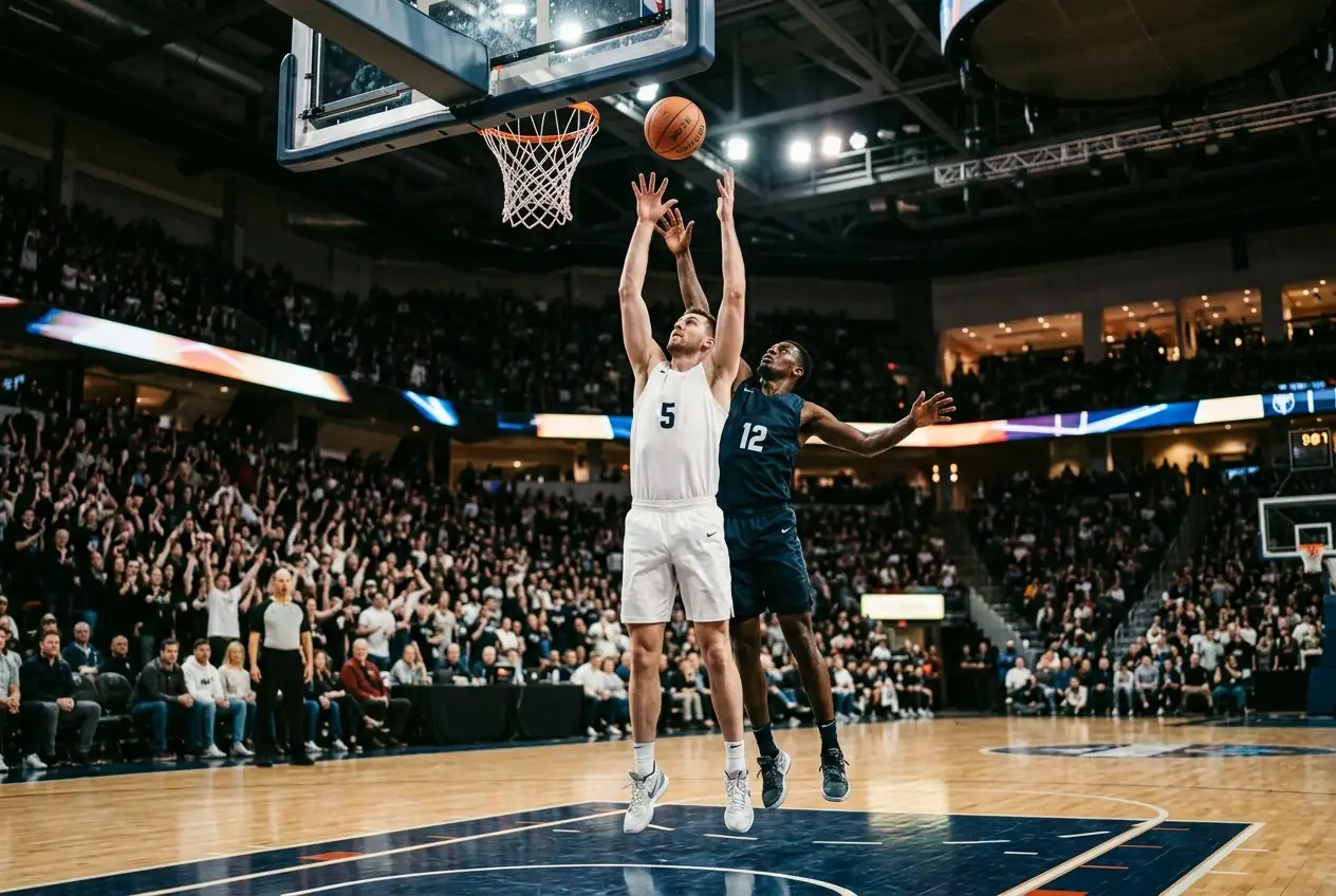 NBA centre rising for a defensive rebound under the rim with the ball still loose in the air