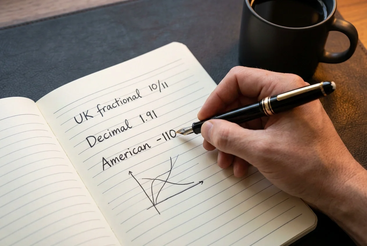 Notebook page with handwritten conversion between UK fractional 10/11, decimal 1.91 and American minus 110 odds