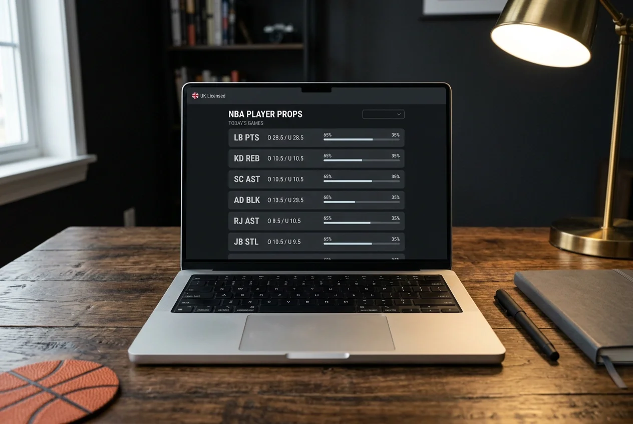 Laptop on a desk showing a clean UK-licensed sportsbook prop menu with NBA player markets and odds